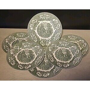 Set 6 English Ironstone Tableware Green Transferware  Salad Plates 7.75" England